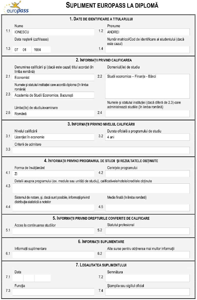 Supliment Europass La Diploma