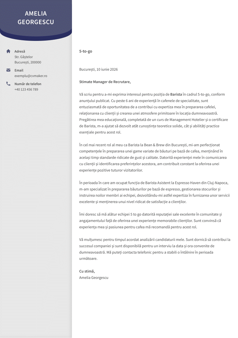 scrisoare de intentie barista