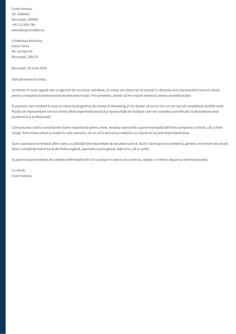 scrisoare de intentie serviciu clienti
