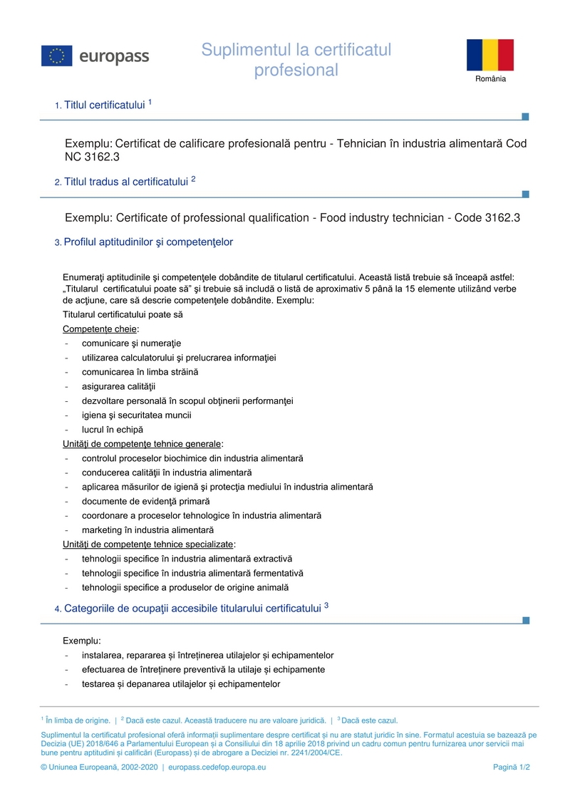 Supliment Europass la certificat