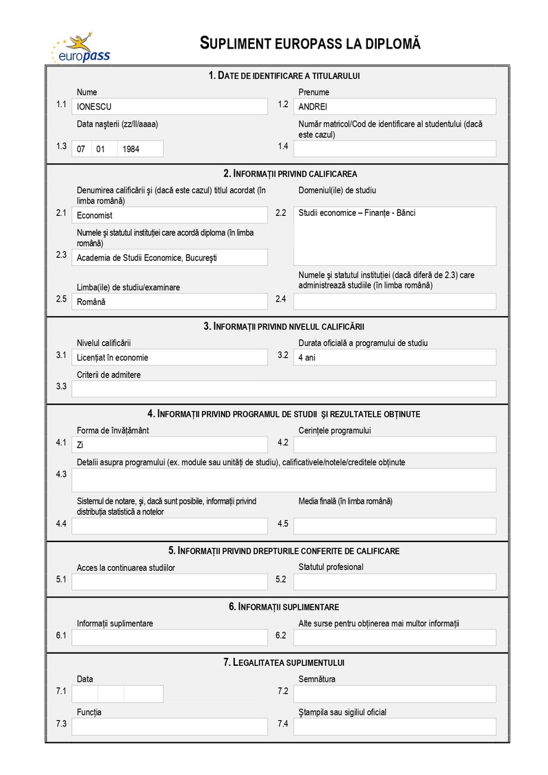 Supliment Europass La Diploma